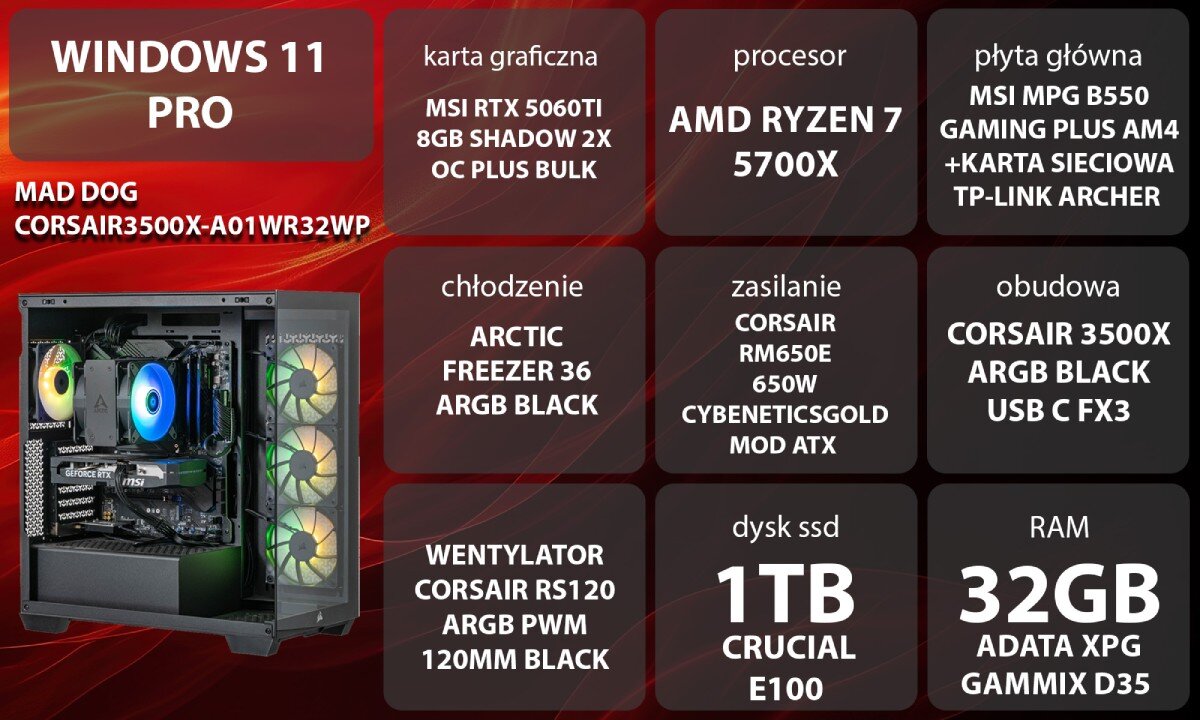 Komputer MAD DOG CORSAIR3500X-A01WR32WP Uśmiechnięta kobieta w słuchawkach korzystająca z komputera, siedząca przy biurku z widoczną w tle obudową z włączonym podświetleniem