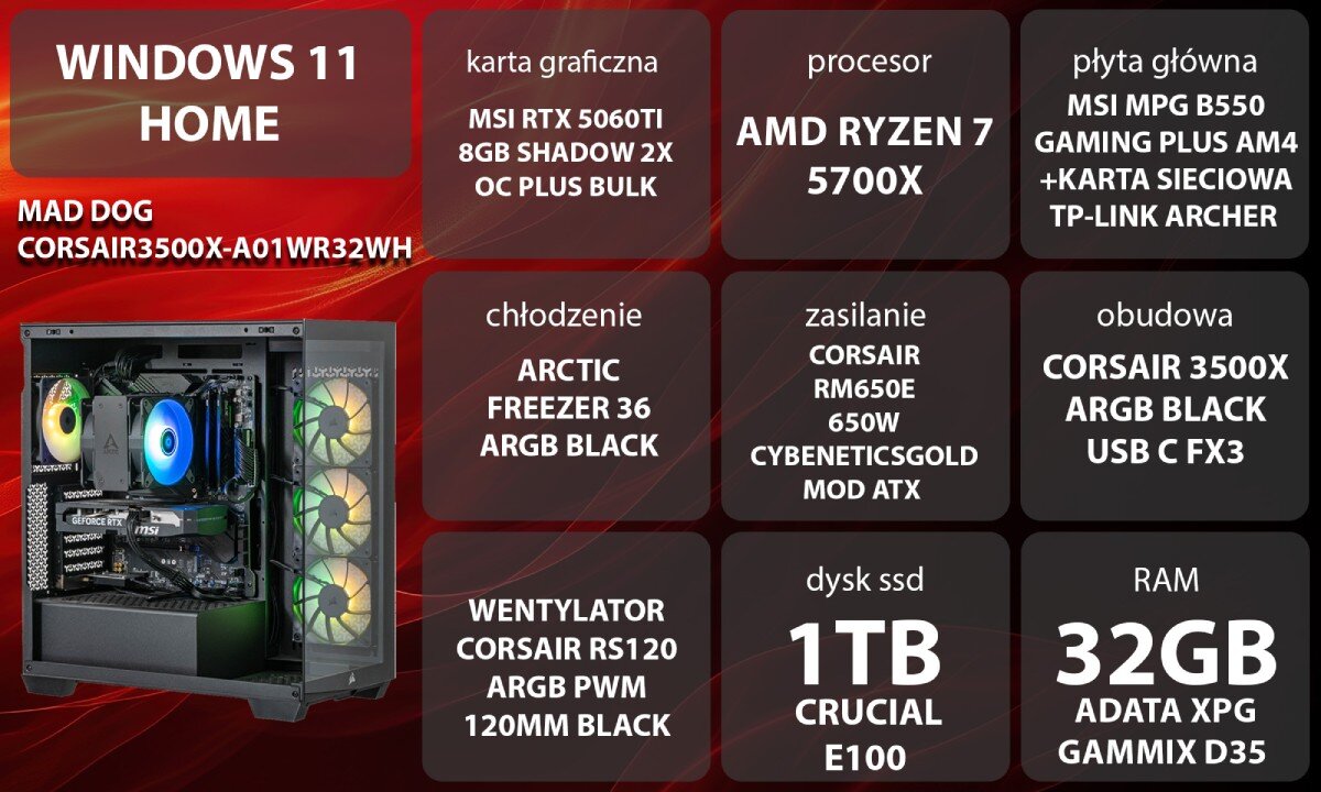 Komputer MAD DOG CORSAIR3500X-A01WR32WH Uśmiechnięta kobieta w słuchawkach korzystająca z komputera, siedząca przy biurku z widoczną w tle obudową z włączonym podświetleniem