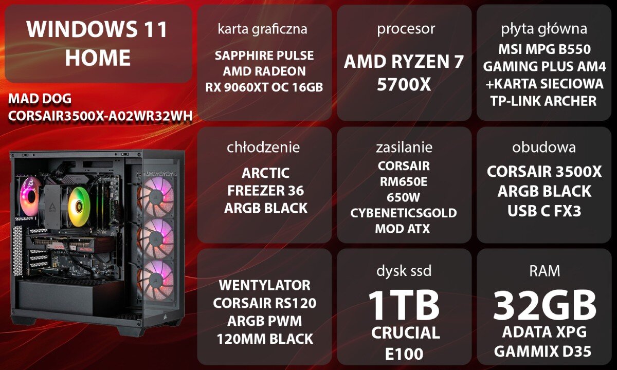 Komputer MAD DOG CORSAIR3500X-A02WR32WH Uśmiechnięta kobieta w słuchawkach korzystająca z komputera, siedząca przy biurku z widoczną w tle obudową z włączonym podświetleniem