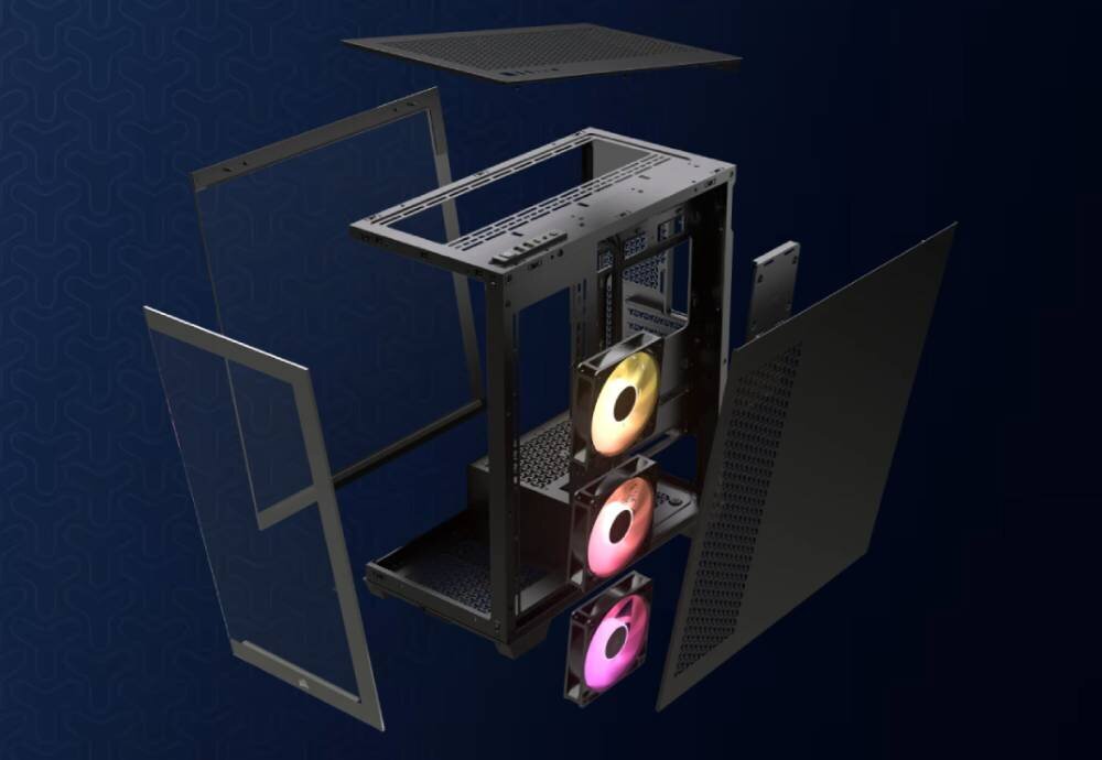 Komputer MAD DOG CORSAIR3500X-A02WR32WP Grafika przedstawiająca rozłożoną na części obudowę komputerową z widoczną ramą, panelami ze szkła i metalu, filtrem górnym oraz trzema wentylatorami