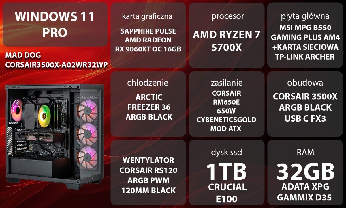 Komputer MAD DOG CORSAIR3500X-A02WR32WP Uśmiechnięta kobieta w słuchawkach korzystająca z komputera, siedząca przy biurku z widoczną w tle obudową z włączonym podświetleniem