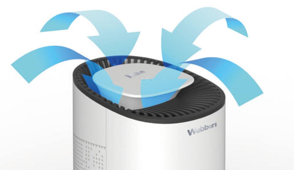 Osuszacz WEBBER Ticino DEQ1 zasysanie powietrza ze wszystkich stron skutecznie wychwytuje nadmierna wilgoć unikanie rozwoju grzybów pleśni zdrowe samopoczucie 