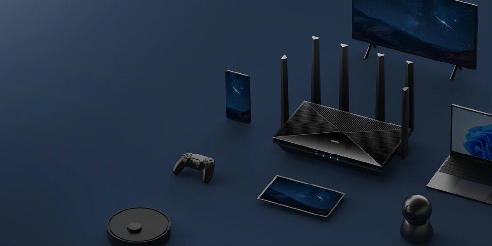 Router CUDY BE6500 Router z ośmioma antenami ustawiony na ciemnym tle wśród różnych urządzeń elektronicznych, takich jak smartfon, telewizor, laptop, tablet, kamera i robot sprzątający, obsługa urządzeń, porty Ethernet