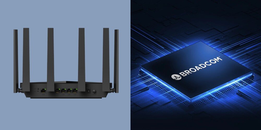 Router CUDY BE6500 Po lewej stronie tylny widok routera z widocznymi portami Ethernet i przyciskiem zasilania, po prawej grafika przedstawiająca układ scalony z napisem 'Broadcom', procesor, pamięć