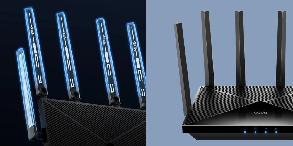 Router CUDY BE6500 Po lewej stronie zbliżenie na wnętrze anten routera z efektem podświetlenia, po prawej router na niebieskim tle z widocznymi diodami LED, technologia Beamforming, anteny, pokrycie powierzchni