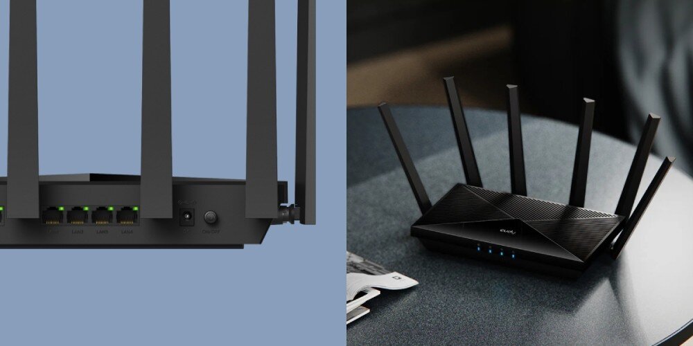Router CUDY BE6500 Po lewej stronie zbliżenie na porty i przycisk zasilania routera, po prawej router ustawiony na stoliku obok gazety w domowym wnętrzu, sieć Mesh, rozbudowa