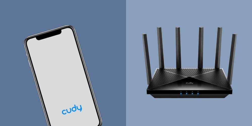 Router CUDY BE6500 Po lewej stronie smartfon z logo marki na ekranie, po prawej router z ośmioma antenami na niebieskim tle, aplikacja, sterowanie w chmurze