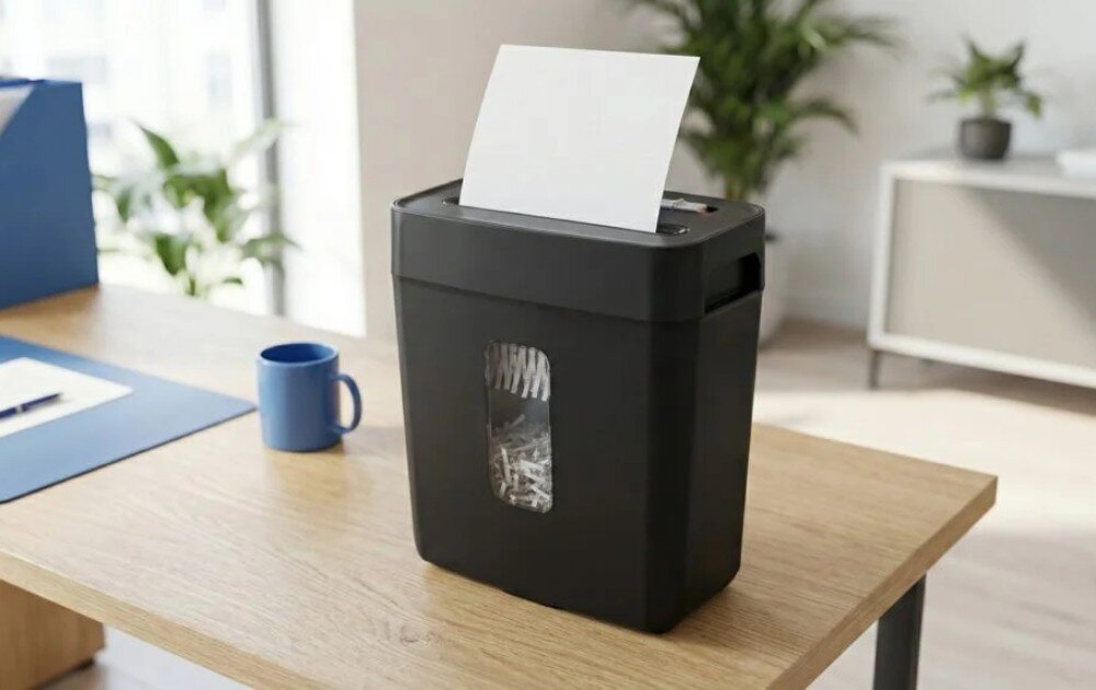 Niszczarka ścinkowa do dokumentów SAVIO ND-01 Czarna niszczarka stoi na drewnianym biurku w jasnym pomieszczeniu biurowym, a z jej górnej szczeliny wystaje biała kartka papieru