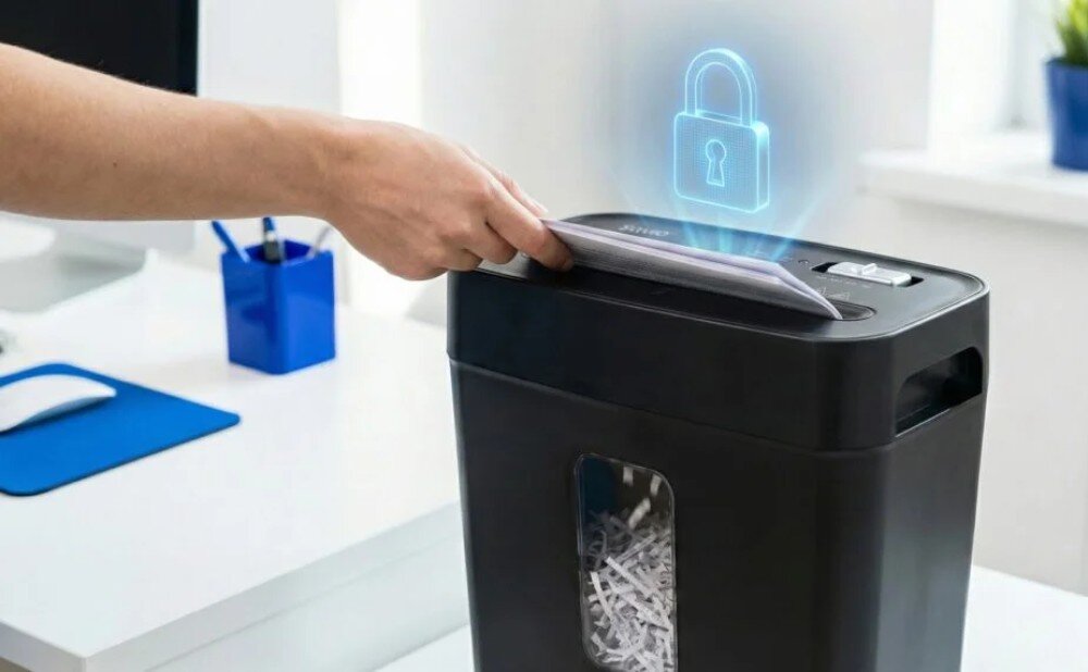 Niszczarka ścinkowa do dokumentów SAVIO ND-01 Ręka wkłada plik dokumentów do niszczarki, nad którą unosi się błękitny, cyfrowy symbol kłódki oznaczający bezpieczeństwo danych