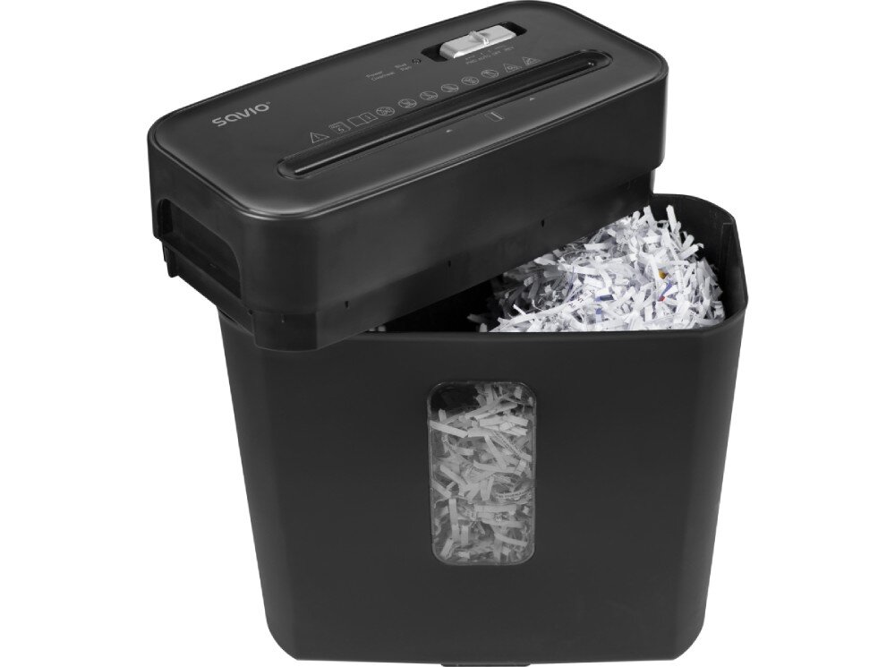 Niszczarka ścinkowa do dokumentów SAVIO ND-01 Urządzenie z otwartą obudową pokazującą ścinki papieru wewnątrz kosza oraz panel sterowania z przełącznikiem i ikonami ostrzegawczymi na górze