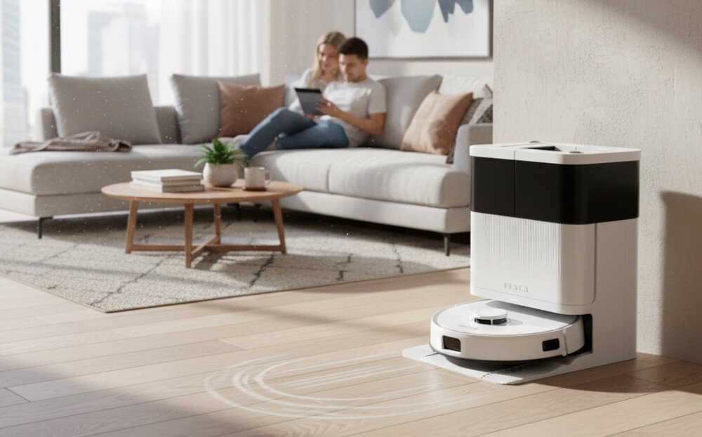 W jasnym salonie na drewnianej podłodze stoi robot sprzątający TESLA Robostar IQ900 Ultra przy stacji dokującej. W tle na sofie siedzą dwie osoby z tabletem.