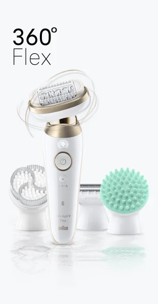 Depilator Braun Silk·épil 9 w kolorze białym i złotym, z widocznymi bryzgami wody.