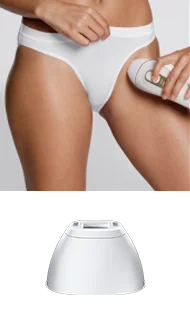 Kobieta używa urządzenia do depilacji okolic intymnych; końcówka do okolic intymnych.