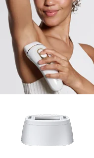 Kobieta używa urządzenia do depilacji pod pachą; końcówka do pach.