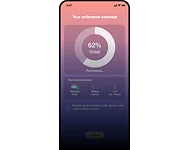 Ekran aplikacji wellness z poziomem stresu 62% w formie okręgu oraz przyciskiem rozpoczęcia ćwiczenia.