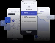 Ekran z mapą i zaznaczoną trasą oraz wykresem przebiegu podróży i przyciskiem start.