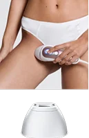 Kobieta używa urządzenia do depilacji okolic intymnych; końcówka do okolic intymnych.