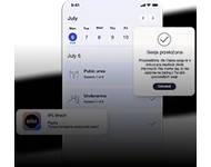 Widok kalendarza na lipiec z wyskakującym oknem o śledzeniu snu i opcjami potwierdź lub anuluj.