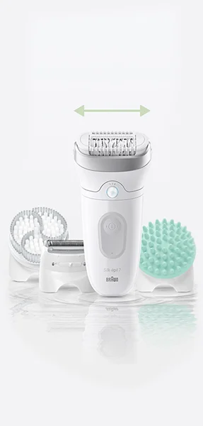 Depilator Braun Silk·épil 7 w kolorze białym z głowicą i trzema nasadkami (golenie, szczotka, masaż), widok produktu na jasnym tle.