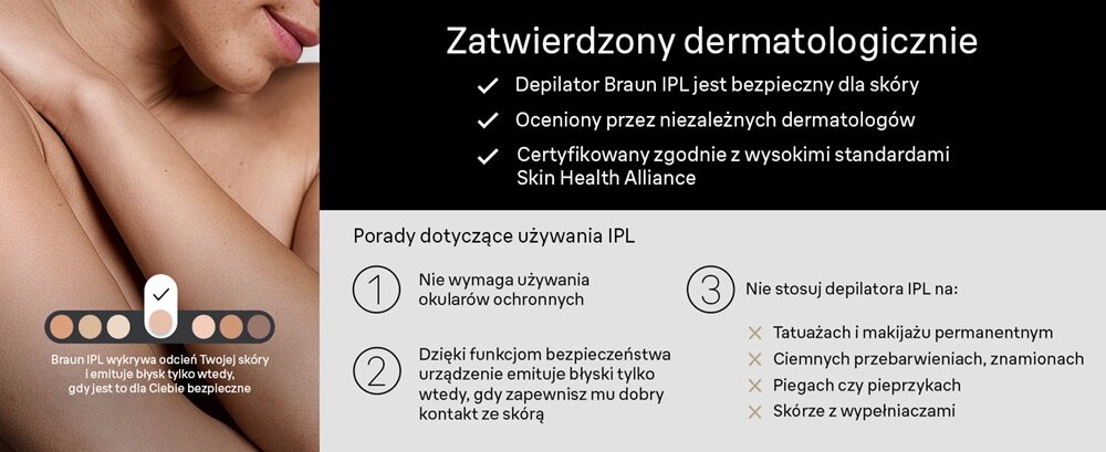 Depilator BRAUN PL5431 bezpieczny dla oczu, funkcje bezpieczeństwa, dobry kontakt ze skórą