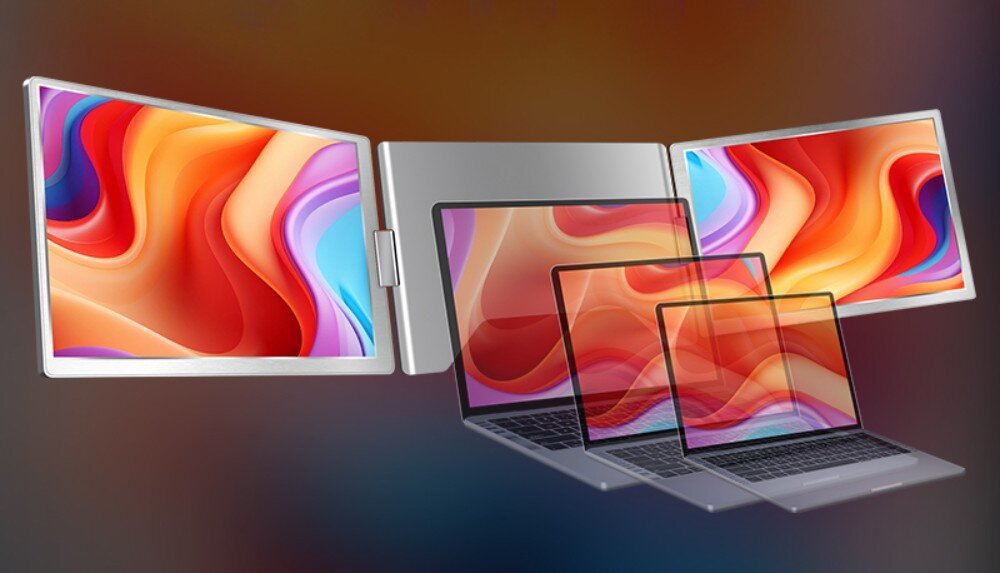 Monitor EXTRALINK Smart Life S880 Porównanie laptopa z dodatkowymi ekranami i standardowego laptopa. Po bokach urządzenia z rozszerzonym wyświetlaczem umieszczone są dwa ekrany, kompatybilność, systemy