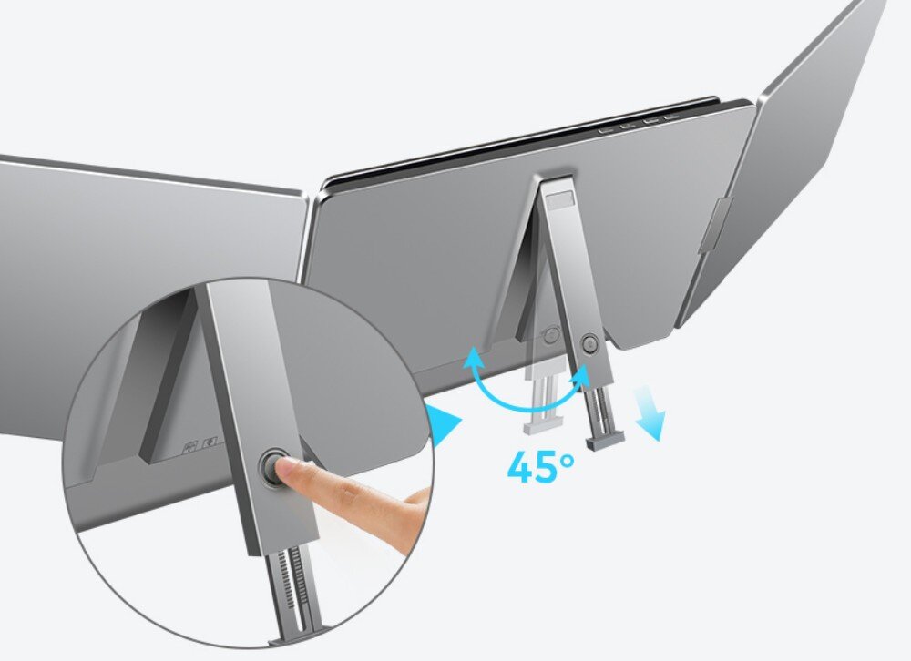 Monitor EXTRALINK Smart Life S880 Widok tylnej części laptopa z rozłożonymi ekranami i regulowaną podpórką. Zbliżenie na mechanizm regulacji, podłączenie, kable, regulacja, stojak