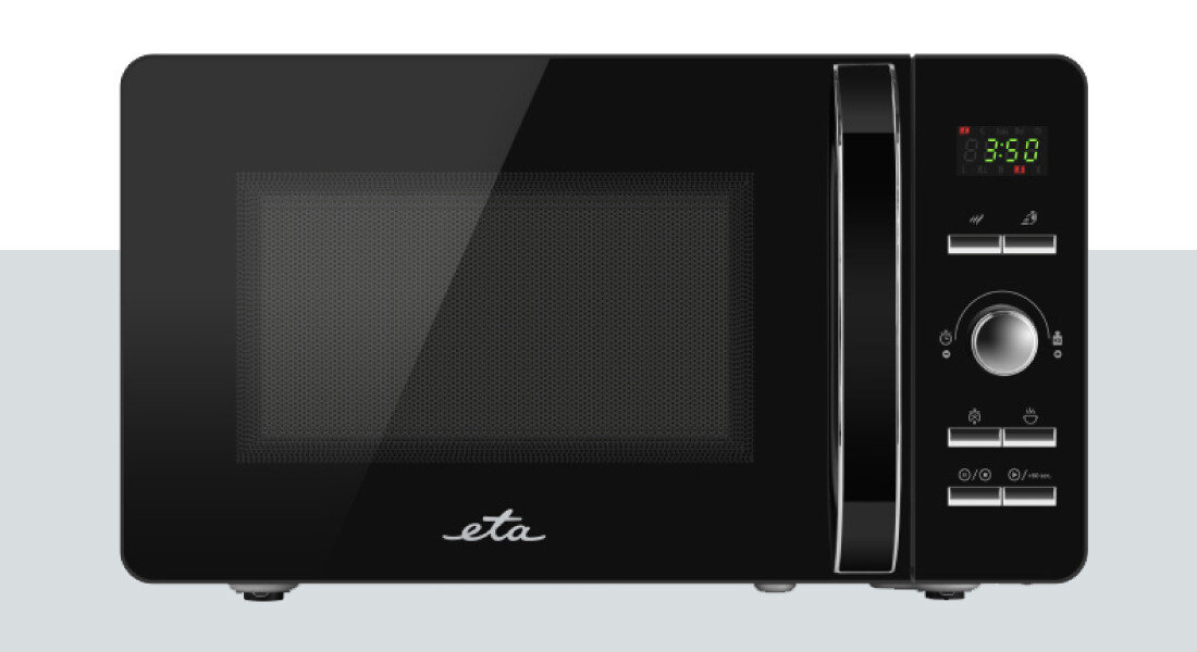 Kuchenka mikrofalowa ETA Gavento ETA120990010 Zdjęcie przedstawia kuchenkę mikrofalową ETA sfotografowaną od frontu na jasnym tle, z czarnym frontem, wyświetlaczem 3:50 i srebrną rączką. Urządzenie ustawione jest centralnie, ukazując pełny panel sterowania po prawej stronie automatyczne programy łatwe gotowanie rozmrażanie podgrzewanie opóźniony start inteligentne ustawienia