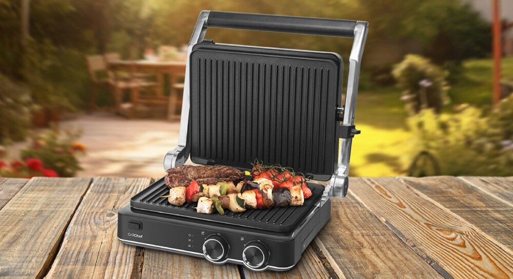 Grill elektryczny ETA GrillChef ETA515690000 grill otwarty, grillowanie jedzenia, dwie płyty
