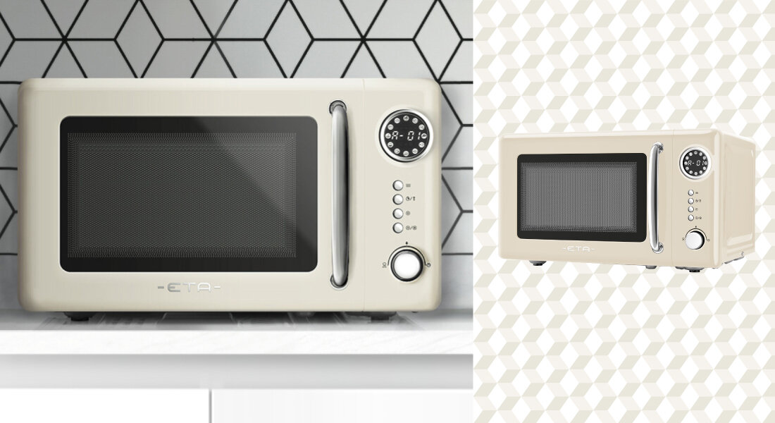Beżowa kuchenka mikrofalowa z okrągłym panelem sterowania i trzema przyciskami. Na drzwiczkach widoczne jest logo \'ETA\'.