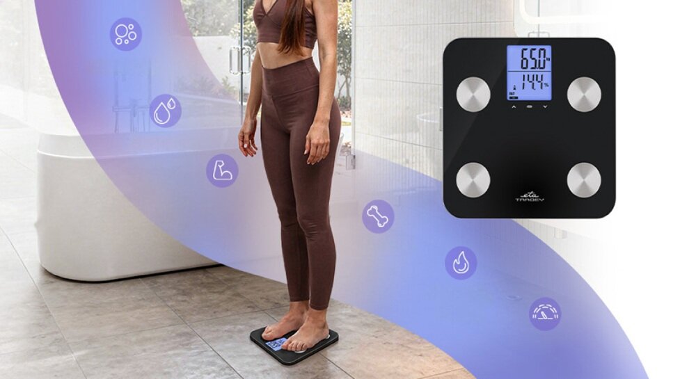 Waga łazienkowa ETA Tracey ETA377990000 monitorowanie różnych danych, lepsze zrozumienie organizmu, świadome planowanie diety