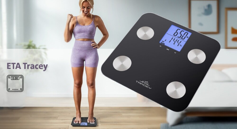 Waga łazienkowa ETA Tracey ETA377990000 szklana powierzchnia, łatwe czyszczenie, czytelny wyświetlacz, sterowanie dotykowe