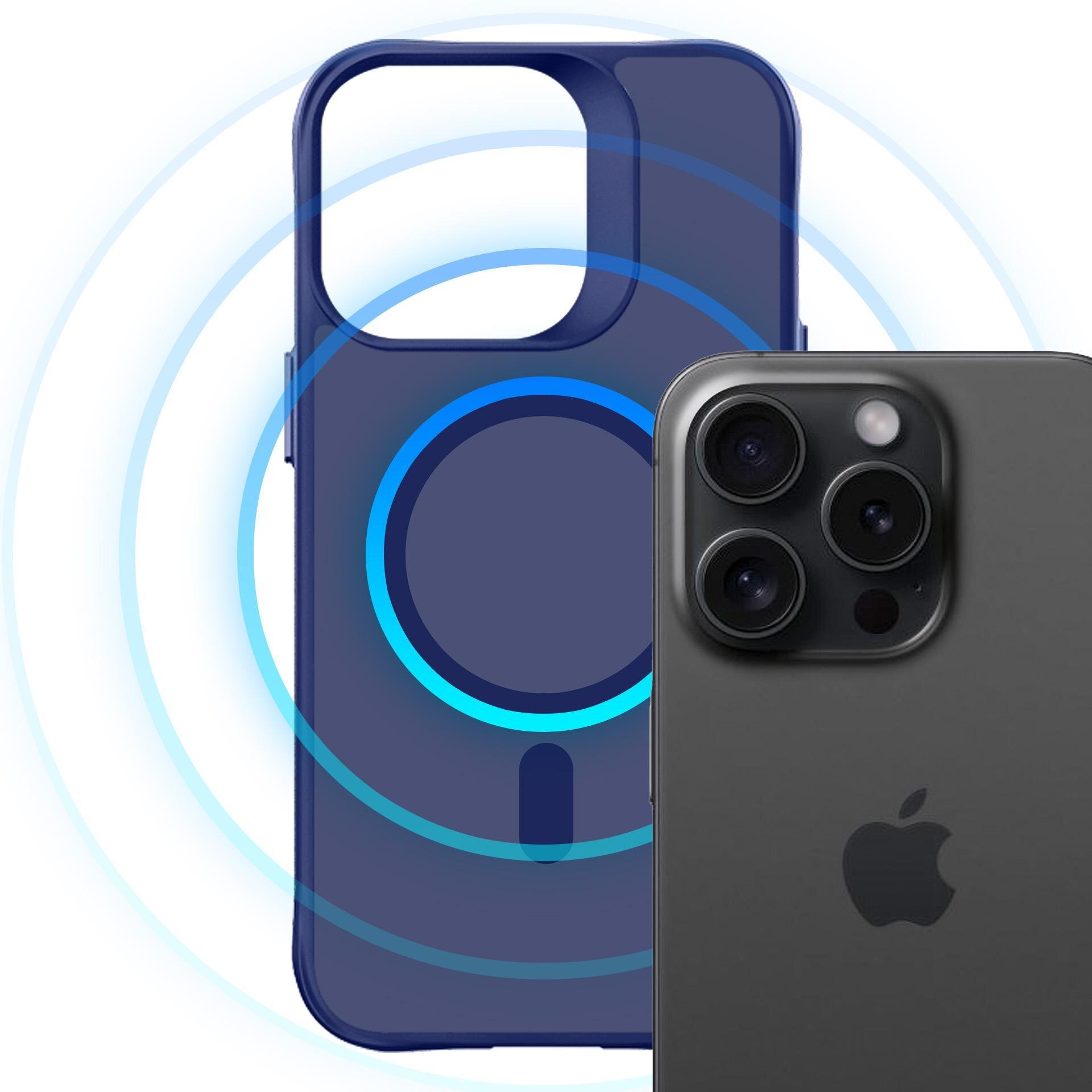 Na obrazie widoczny jest ciemnoszary smartfon z trzema obiektywami aparatu oraz niebieskie etui z okrągłym wzorem. Na smartfonie znajduje się logo w kształcie nadgryzionego jabłka.