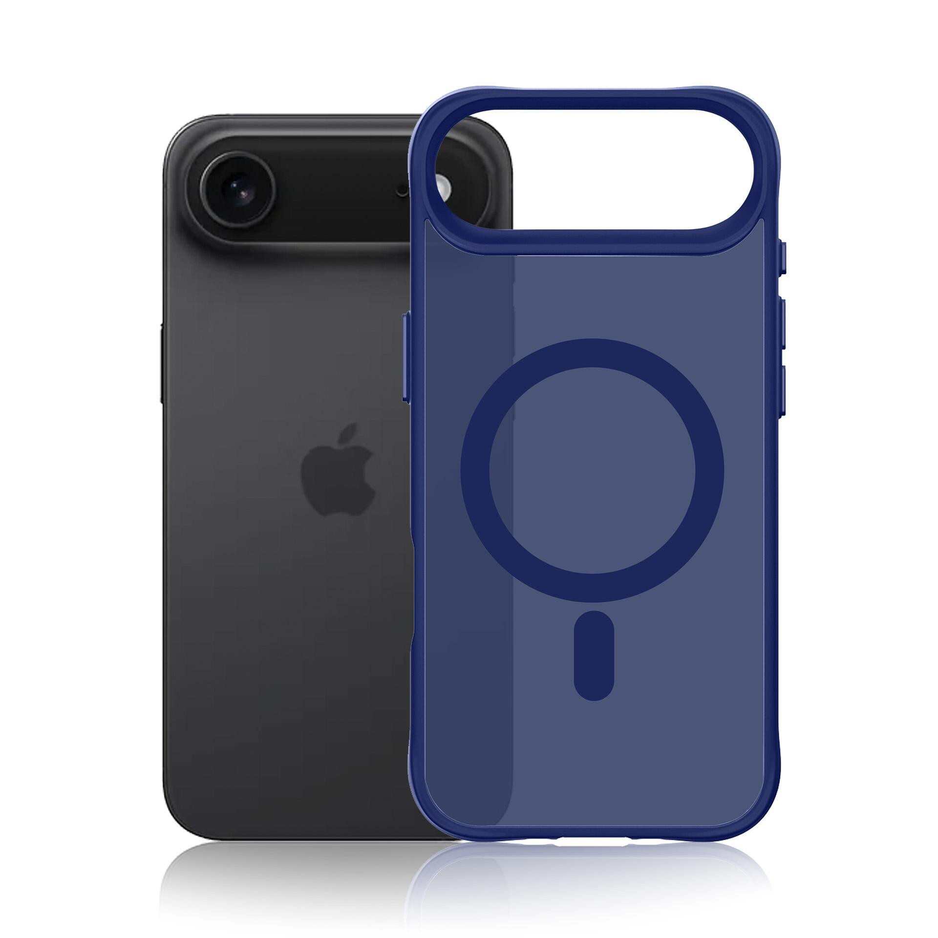 Na obrazie widoczny jest czarny telefon z logo jabłka oraz niebieskie etui z przezroczystym panelem i okrągłym wzorem. Etui jest umieszczone przed telefonem, częściowo go zasłaniając.