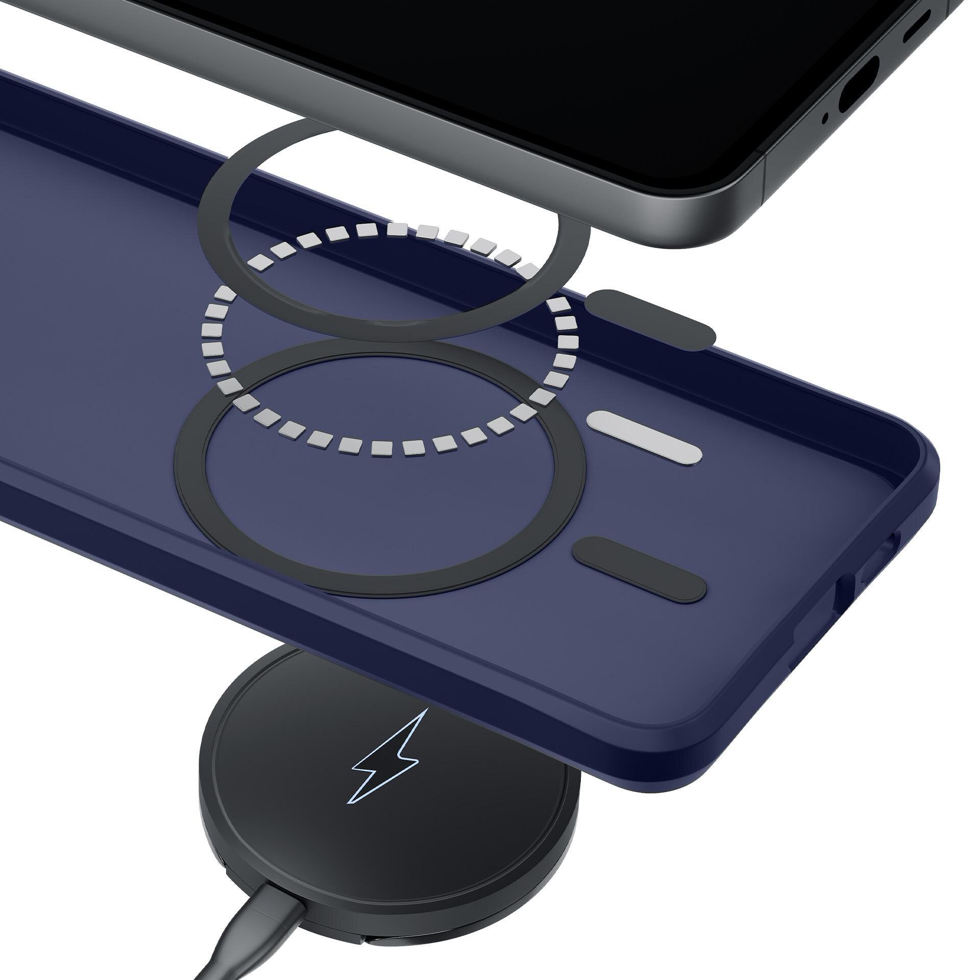 Obraz przedstawia niebieskie etui na telefon z widocznymi okrągłymi elementami magnetycznymi oraz czarną ładowarkę z symbolem błyskawicy.