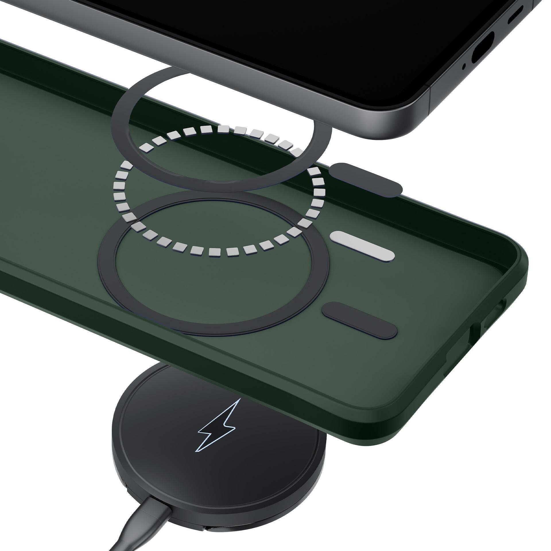Obraz przedstawia zielone etui na telefon z widocznymi elementami magnetycznymi oraz czarną ładowarkę z symbolem błyskawicy.