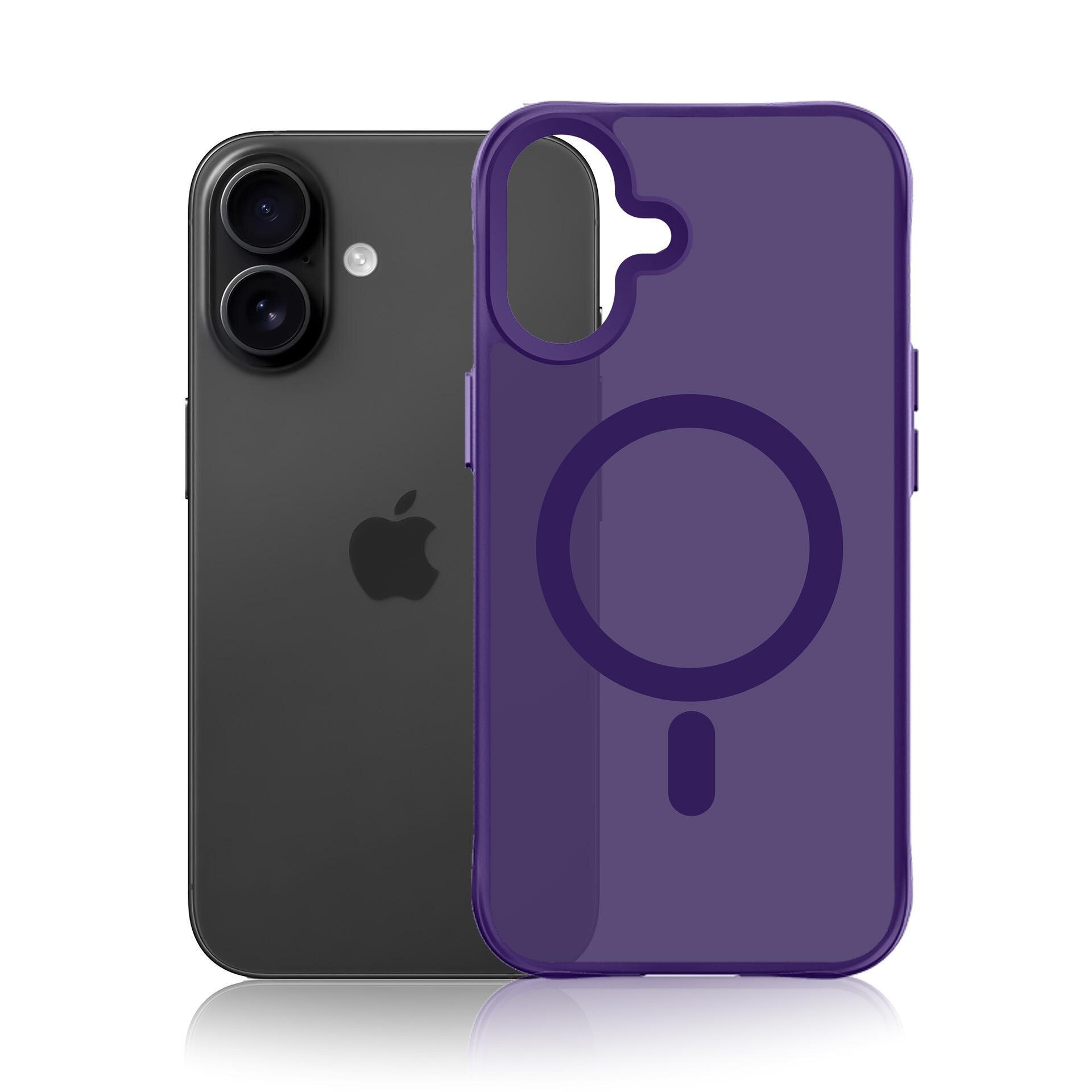 Na obrazie widoczny jest czarny smartfon z logo jabłka oraz przezroczyste, fioletowe etui z okrągłym wzorem. Etui jest umieszczone przed telefonem, pokazując jego kształt i wycięcia na aparat.