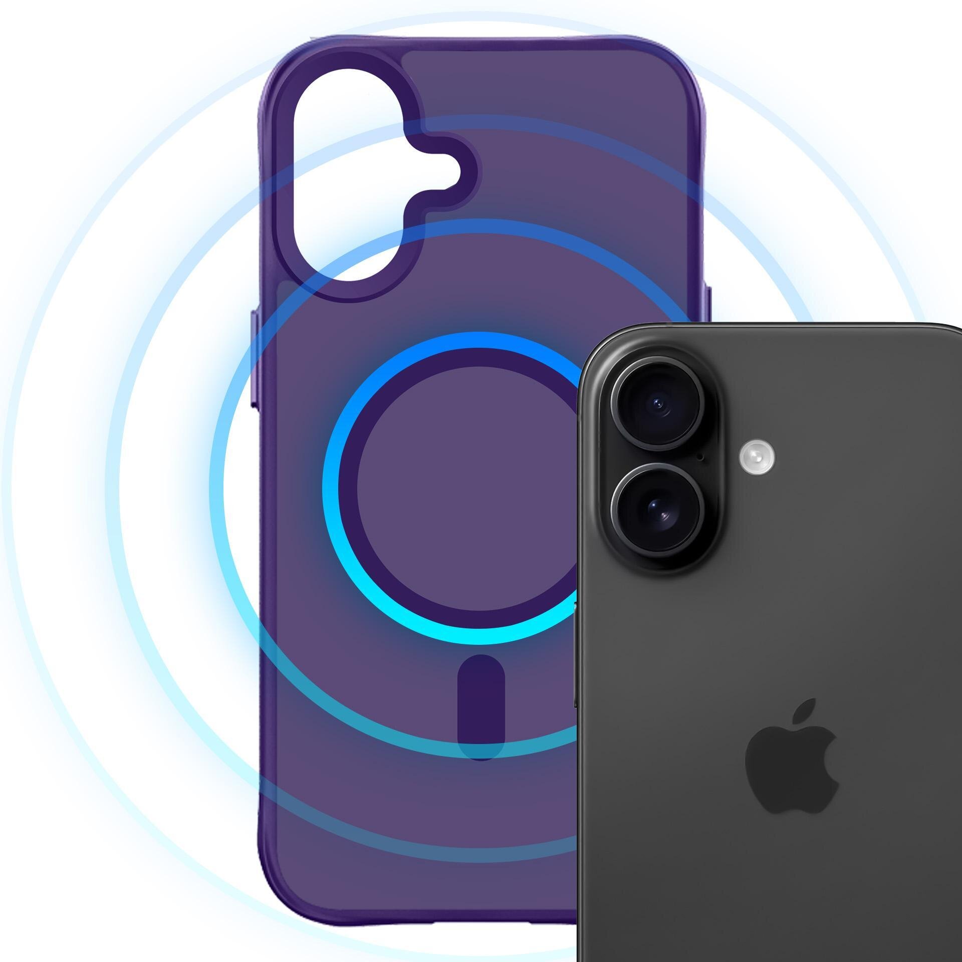 Na obrazie widoczny jest fioletowy etui z okrągłym wzorem oraz czarny telefon z dwoma aparatami i logo w kształcie jabłka. W tle znajdują się niebieskie okręgi sugerujące funkcję magnetyczną.