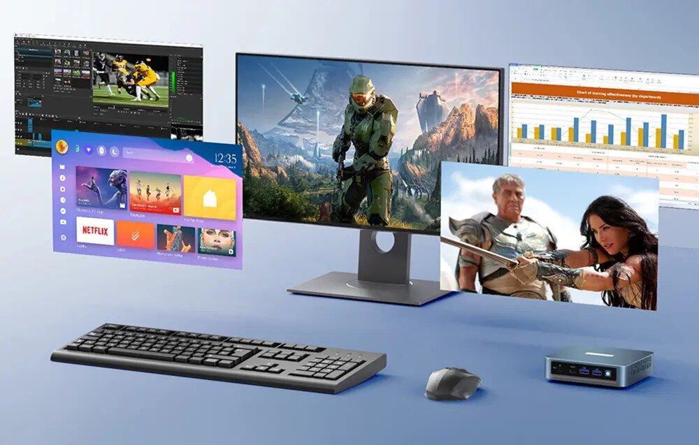 Komputer PELADN WI-6 Miniaturowy komputer na niebieskim blacie obok klawiatury i myszki, nad którymi unoszą się okna systemowe przedstawiające edycję wideo, grę akcji, arkusz kalkulacyjny oraz menu z aplikacjami streamingowymi