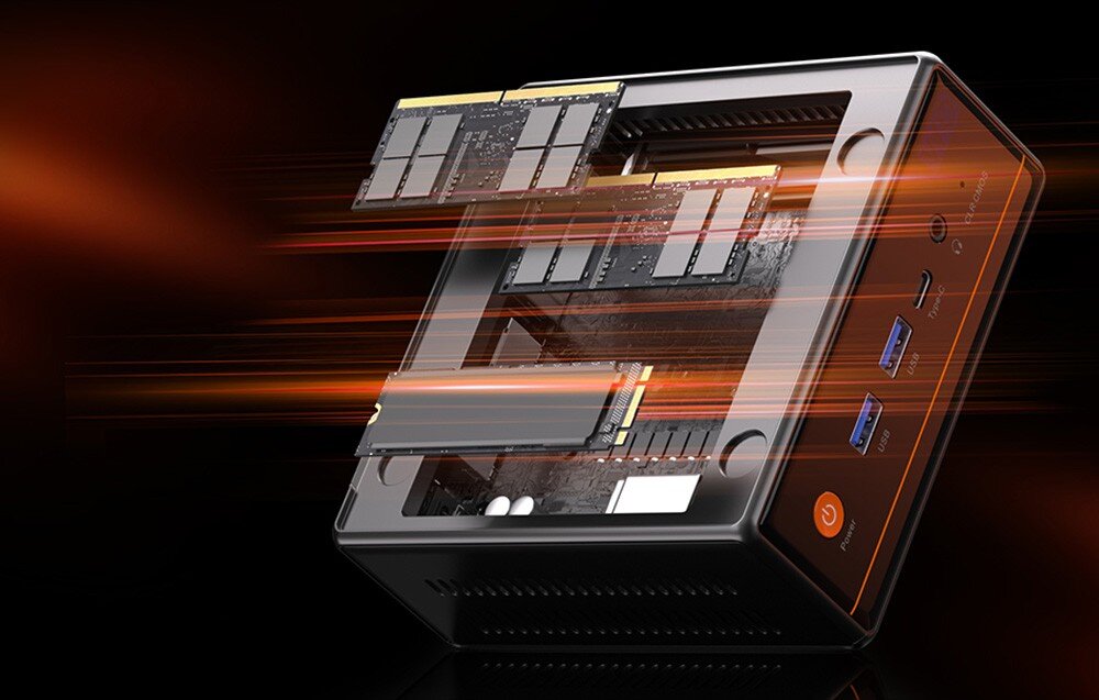 Komputer PELADN WO4 Schematyczne przedstawienie wnętrza małego komputera z wysuniętymi dwiema kośćmi pamięci RAM oraz dyskiem SSD typu M.2