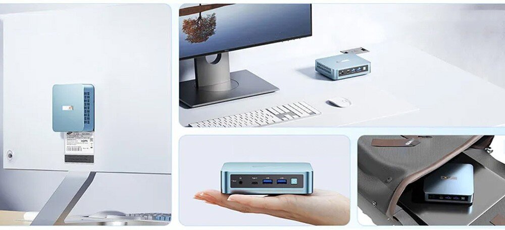 Komputer PELADN WI-6 N150 Kolaż czterech zdjęć prezentujący różne zastosowania mini komputera: zamontowanego z tyłu monitora, stojącego na biurku obok klawiatury, trzymanego na otwartej dłoni oraz schowanego w torbie