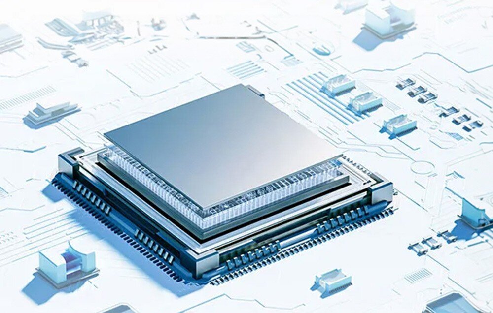 Komputer PELADN WI-6 N150 Cyfrowa grafika przedstawiająca procesor umieszczony na płycie głównej z widocznymi ścieżkami przewodzącymi w jasnej kolorystyce