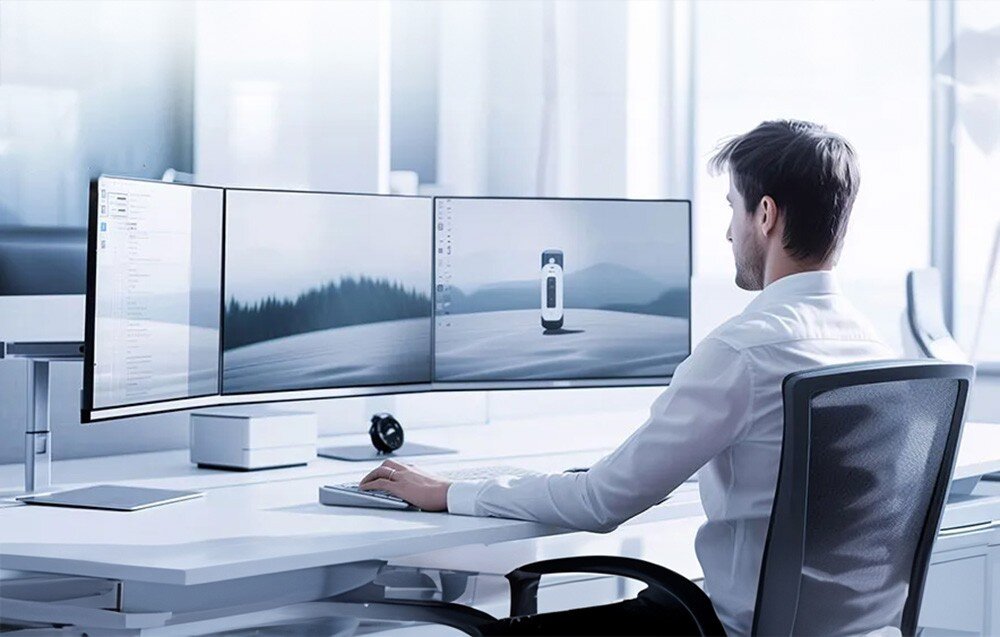 Komputer PELADN WI-6 N150 Mężczyzna siedzący przy białym biurku tyłem do widza, pracujący przy trzech połączonych ze sobą monitorach w jasnym biurze