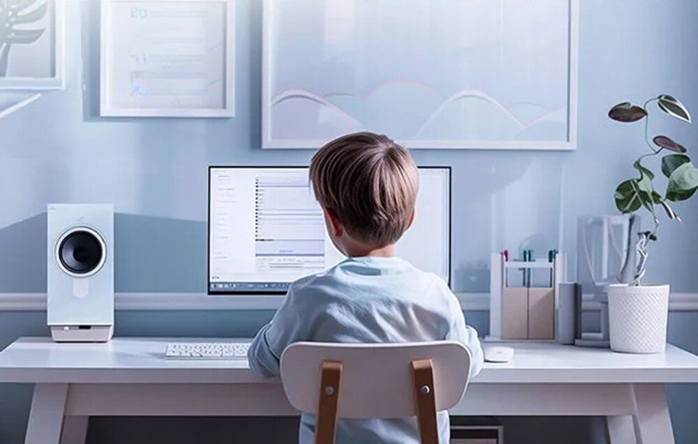 Komputer PELADN WI-6 N150 Dziecko siedzące przy biurku tyłem do widza, korzystające z komputera w jasnym, estetycznie urządzonym pokoju z głośnikiem i rośliną doniczkową