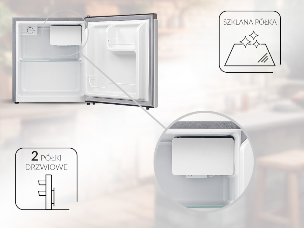 Lodówka MPM-46-CJ-05 50cm Srebrna wyposazenie szklana polka 2 polki drzwiowe tacka na skropliny komora chlodzaca
