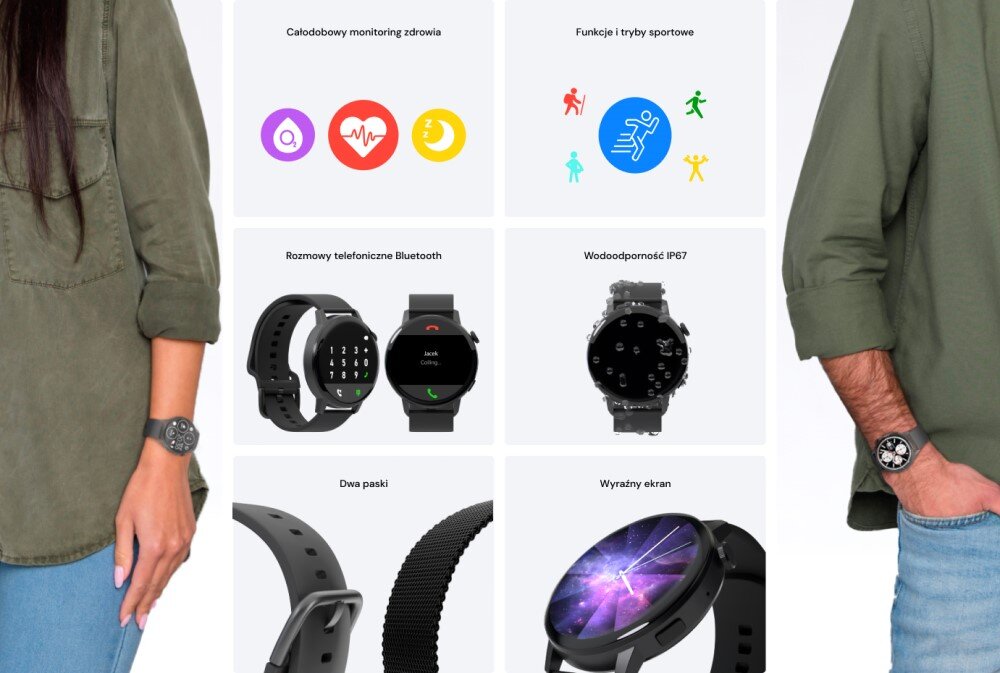 Smartwatch FOREVER Forevive 4 SB-350 ekran bateria czujniki zdrowie sport pasek ładowanie pojemność rozdzielczość łączność sterowanie krew puls rozmowy smartfon aplikacja