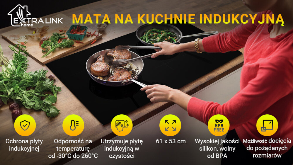 OCHRONNA MATA NA KUCHNIE INDUKCYJNĄ EXTRALINK ikony cechy silikon trwałość bezpieczeństwo dopasowanie do płyty elastyczność wytrzymałość