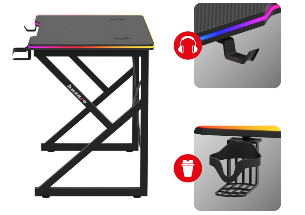 Biurko gamingowe HUZARO Hero 1.7 RGB Czarny prezentacja uchwytu na słuchawki i napój na białym tle cupholder wbudowany porządek wygoda