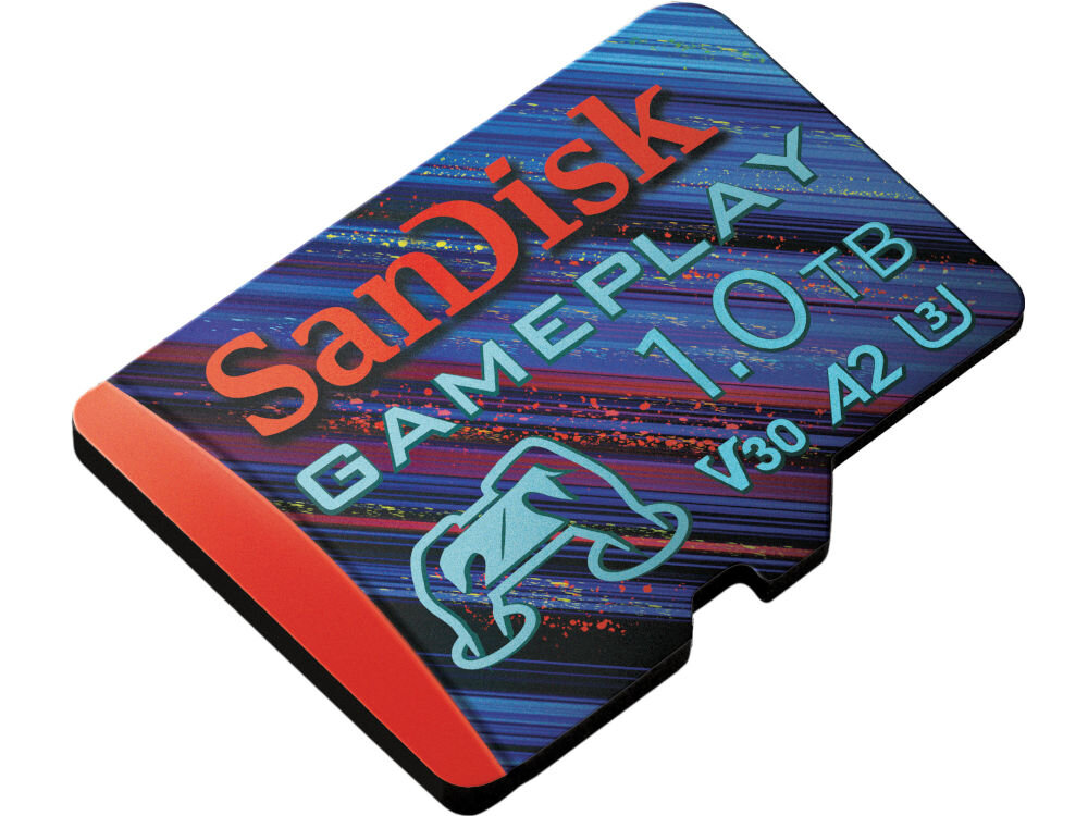 Karta pamięci SANDISK Gameplay MicroSDXC 1TB prezentacja karty na białym tle pod kątem odporność na wstrząsy, wodę, temperatury podróż konstrukcja chroni dane