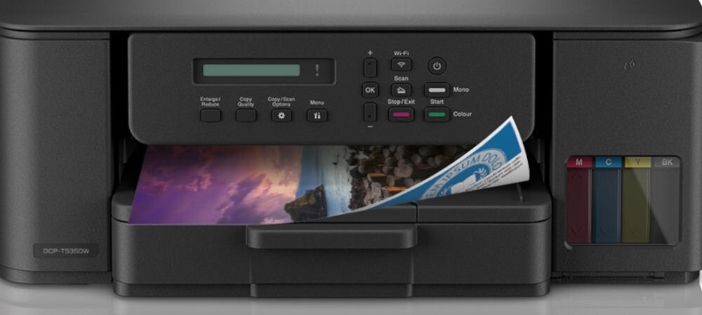 Urządzenie wielofunkcyjne BROTHER DCP-T535DW Druk w kolorze, Automatyczny druk dwustronny, Wi-Fi zbliżenie na panel sterowania oraz wydrukowaną w kolorze kartkę szybki dokładny wydruk ilość mono czas wydruku pierwszej strony rozdzielczość tryb cichy bez zakłócania domowego spokoju