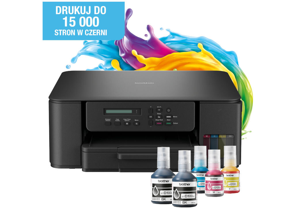 Urządzenie wielofunkcyjne BROTHER DCP-T535DW Druk w kolorze, Automatyczny druk dwustronny, Wi-Fi prezentacja urządzenia na białym tle z butelkami atramentu za urządzeniem imitacja wylanych atramentów napis drukuj do 15000 stron w czerni druk dwustronny duplex obniżenie kosztów redukcja zużycia papieru